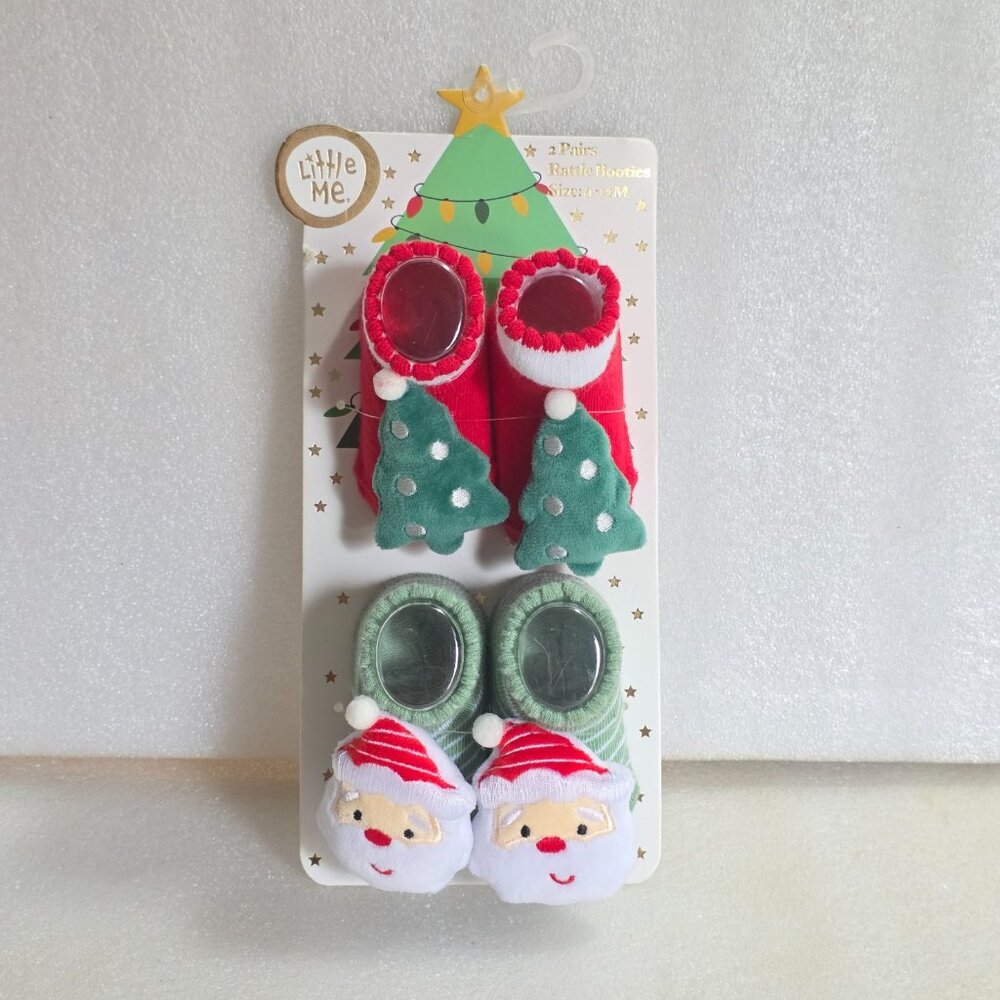 Little Me Christmas Rattle Booties Santa Claus Trees 2 pairs Size 0-12 M NEW